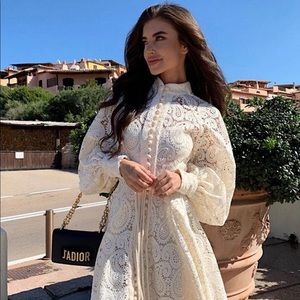 Embroidey Beige Dress Lantern Puff Sleeve Dress